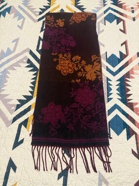 Floral Jacquard Fringe Scarf in Plum and Mustard
